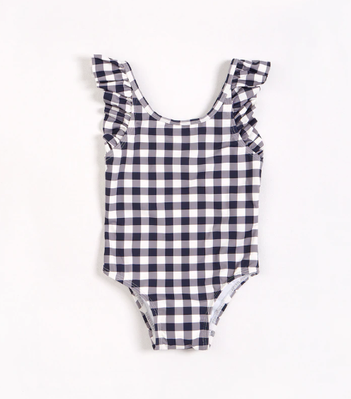 Navy Gingham Ruffle Trimmed Baby Swimsuit