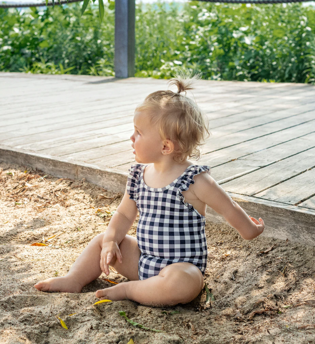 Navy Gingham Ruffle Trimmed Baby Swimsuit