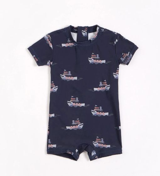 Navy Tugboats Baby Swim Romper