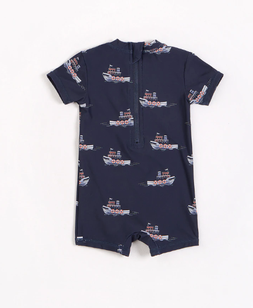 Navy Tugboats Baby Swim Romper