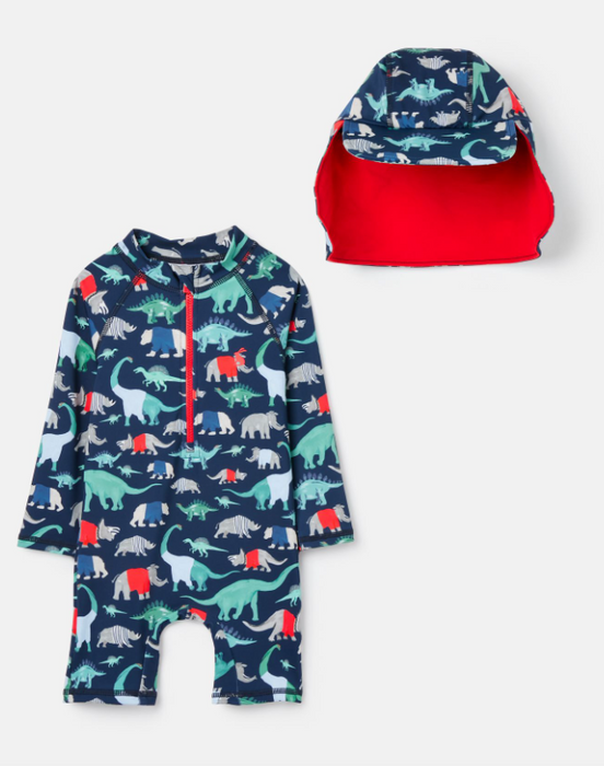 Blue Dino Swimsuit and Hat Set