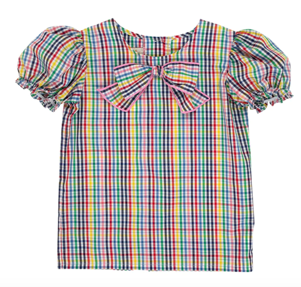 Beatrice Bow Short Sleeve Blouse | Paint Set Plaid w/Hampton Hot Pink Stork
