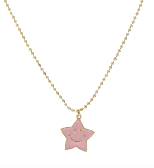 Pink Enamel Star Happy Face Necklace
