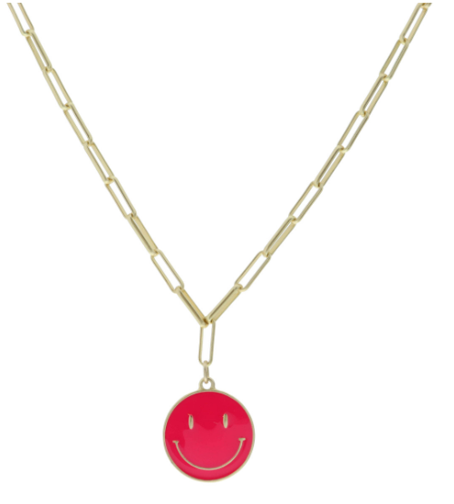 Hot Pink Enamel Happy Face Necklace