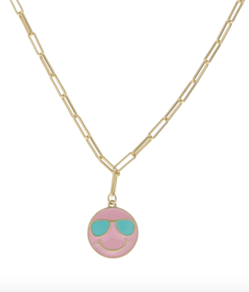 Pink Enamel Cool Happy Face Necklace