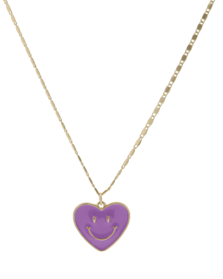Lavender Enamel Heart Happy Face Necklace
