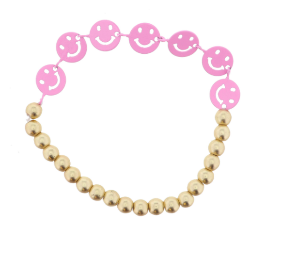 Gold Bead Bracelet | Pink Happy Faces