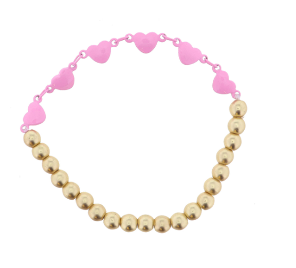 Gold Bead Bracelet | Pink Hearts