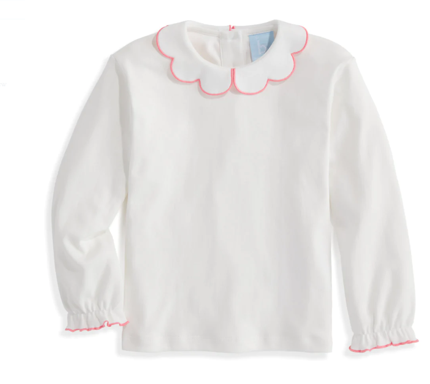 Long Sleeve Pima Scalloped Collar Tee | Ivory w/Flamingo