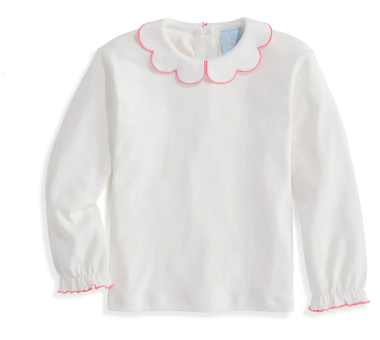 Long Sleeve Pima Scalloped Collar Tee | Ivory w/Flamingo