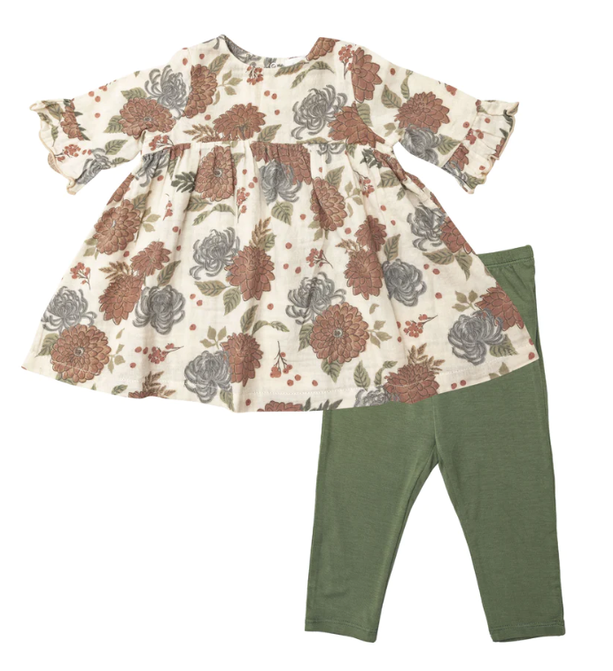 Organic Cotton Bell Sleeve Dress and Legging | Fall Dahlias