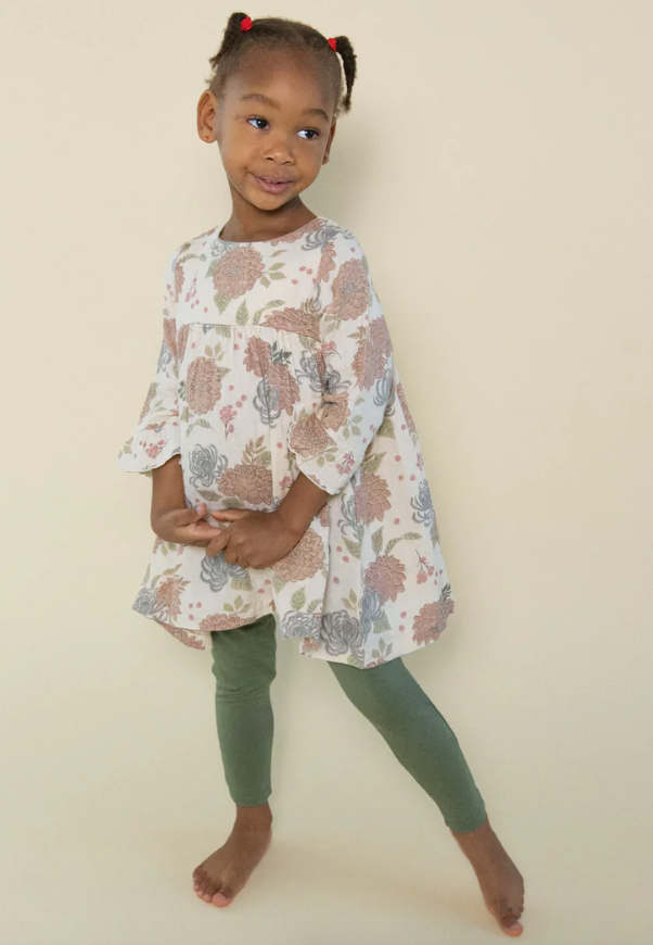 Organic Cotton Bell Sleeve Dress and Legging | Fall Dahlias