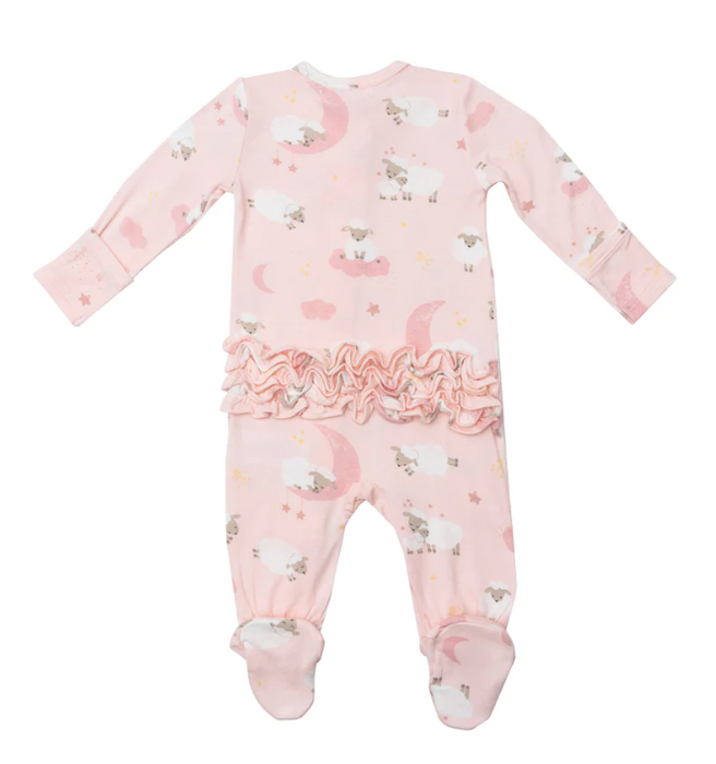 Bamboo Ruffle Zipper Footie | Baby Sheep Pink