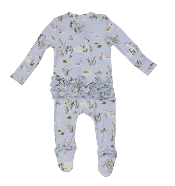 Bamboo Ruffle Zipper Footie | Riverbank Swans