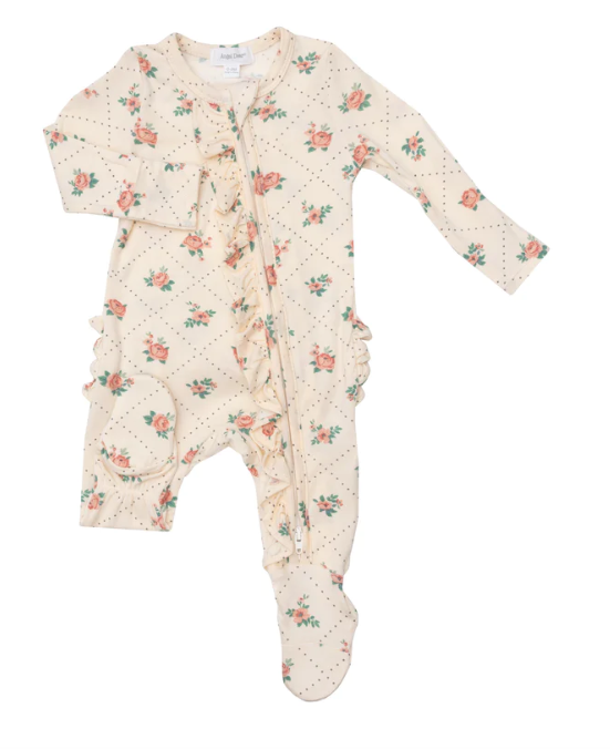 Bamboo Ruffle Zipper Footie | Rose Dot