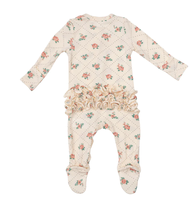 Bamboo Ruffle Zipper Footie | Rose Dot
