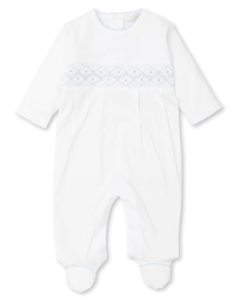 CLB Fall 22 Hand Smocked Footie | White w/Blue