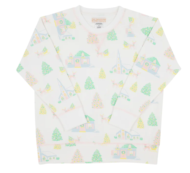 Cassidy Comfy Crewneck French Terry | Sleigh Bells and Pastels Worth Avenue White