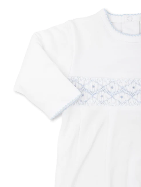 CLB Fall 22 Hand Smocked Footie | White w/Blue