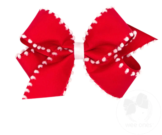 Medium Holiday Style Pom-Pom Edge Grosgrain Overlay Girls Hair Bow | Red Bow with White Poms