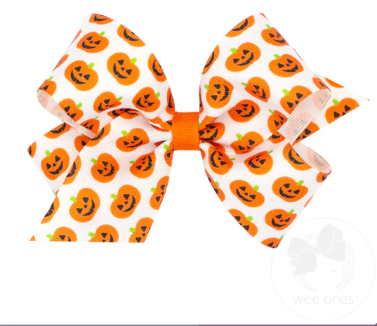 Medium Halloween-Themed Print Grosgrain Bow | Jack O'Lanterns