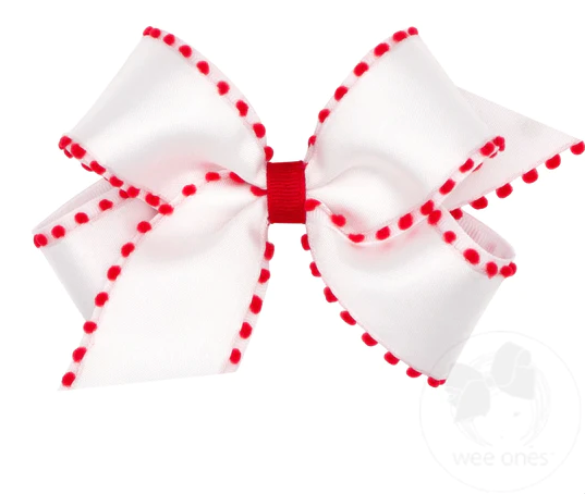 Medium Holiday Style Pom-Pom Edge Grosgrain Overlay Girls Hair Bow | White Bow with Red Poms