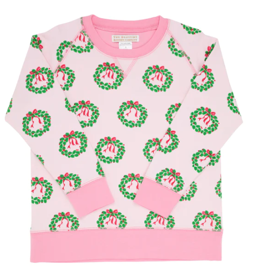 Cassidy Comfy Crewneck French Terry | Deck The Halls With Bows & Holly With Hamptons Hot Pink