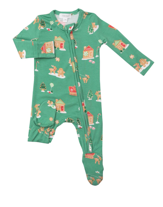 Bamboo Zipper Footie | Gingerbread Sleigh Green
