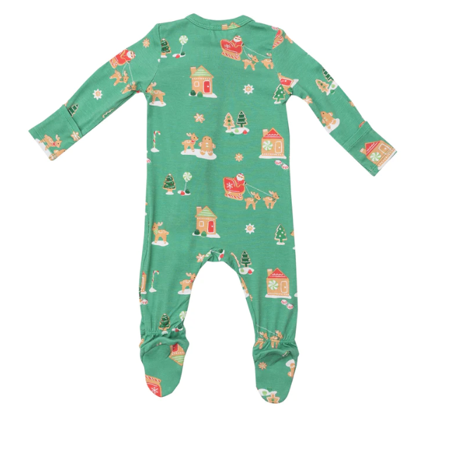 Bamboo Zipper Footie | Gingerbread Sleigh Green