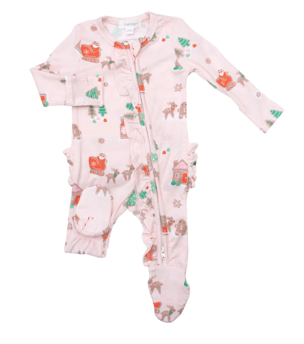 Bamboo Ruffle Zipper Footie | Gingerbread Sleigh Pink