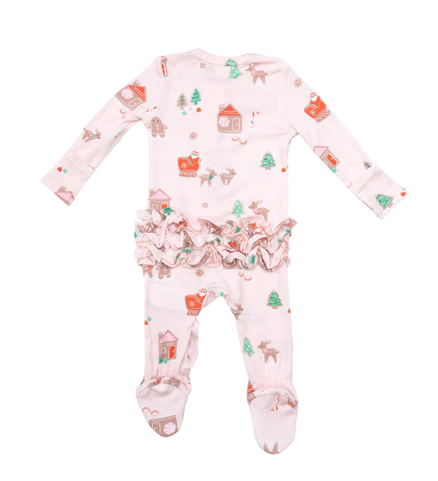 Bamboo Ruffle Zipper Footie | Gingerbread Sleigh Pink
