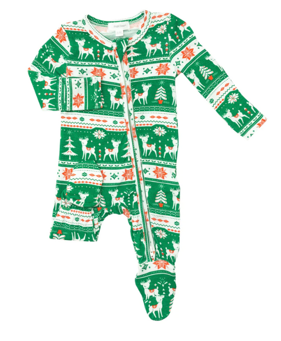 Bamboo Zipper Footie | Vintage Deer Fair Isle Jolly Green