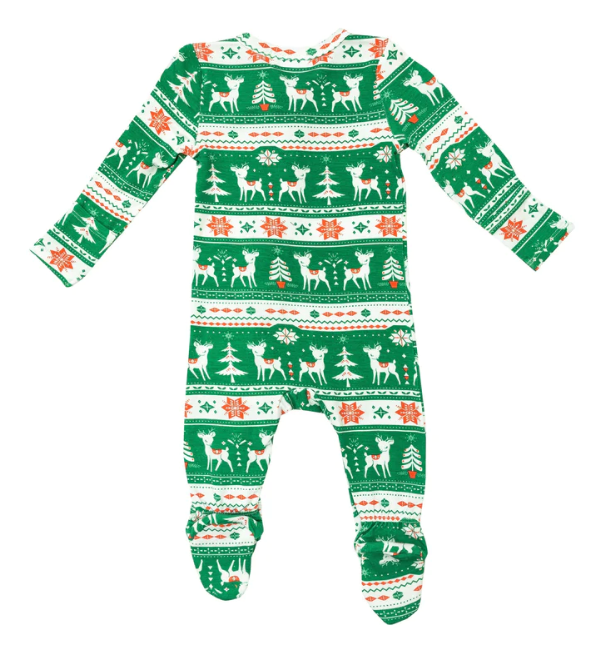 Bamboo Zipper Footie | Vintage Deer Fair Isle Jolly Green
