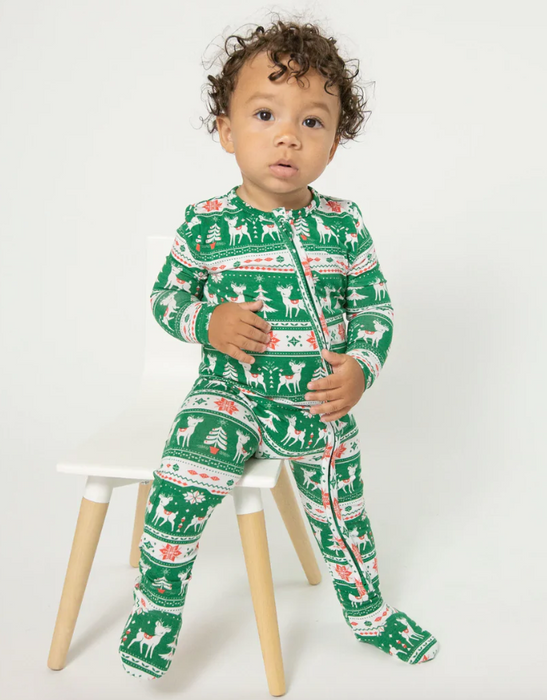 Bamboo Zipper Footie | Vintage Deer Fair Isle Jolly Green