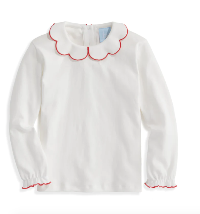 Long Sleeve Pima Scalloped Collar Tee | Ivory w/Red