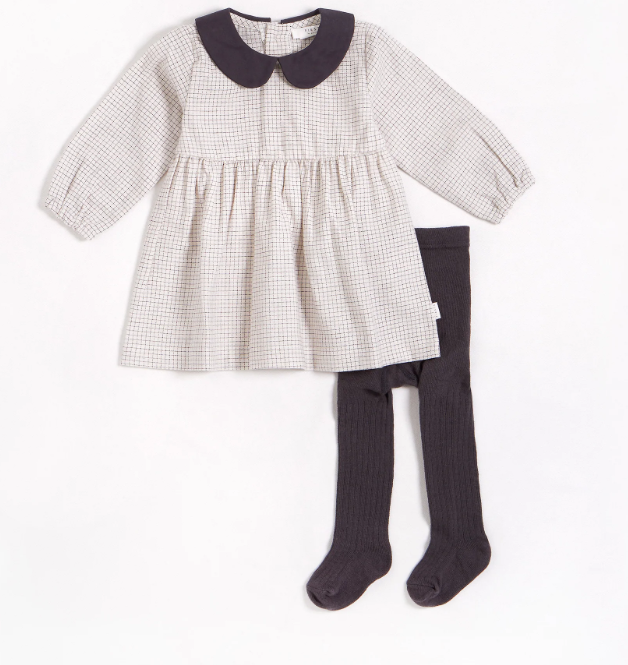 Grid Print Flannel Dress & Tights Set | Gray Collar
