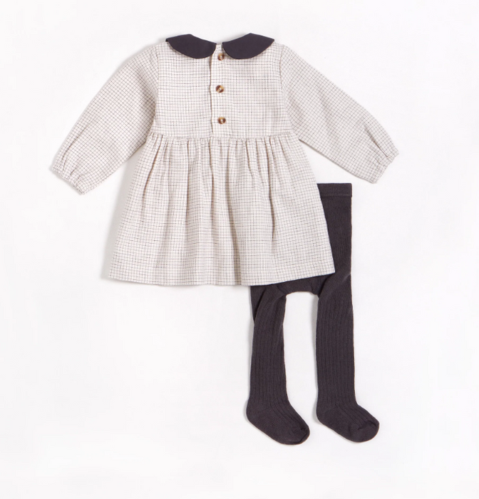 Grid Print Flannel Dress & Tights Set | Gray Collar