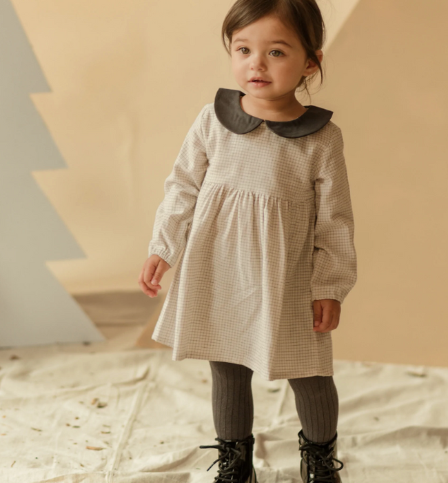 Grid Print Flannel Dress & Tights Set | Gray Collar