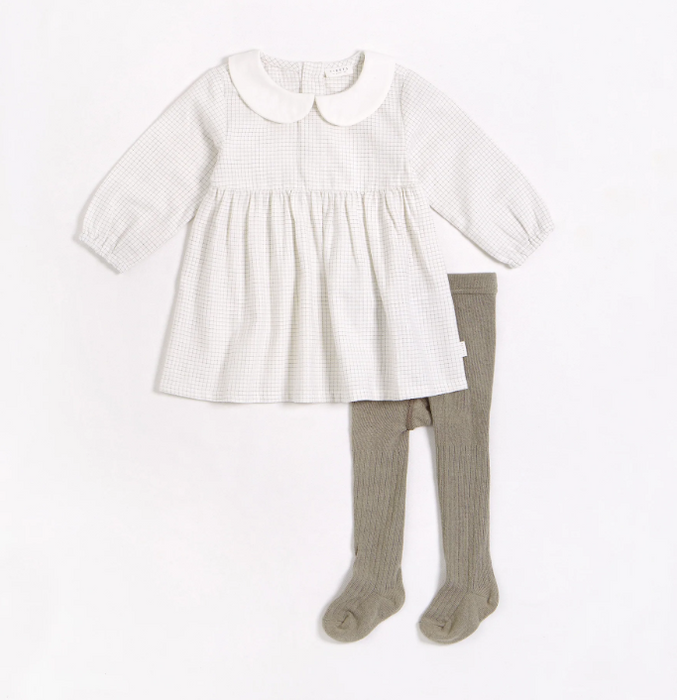 Grid Print Flannel Dress & Tights Set | Cream Collar