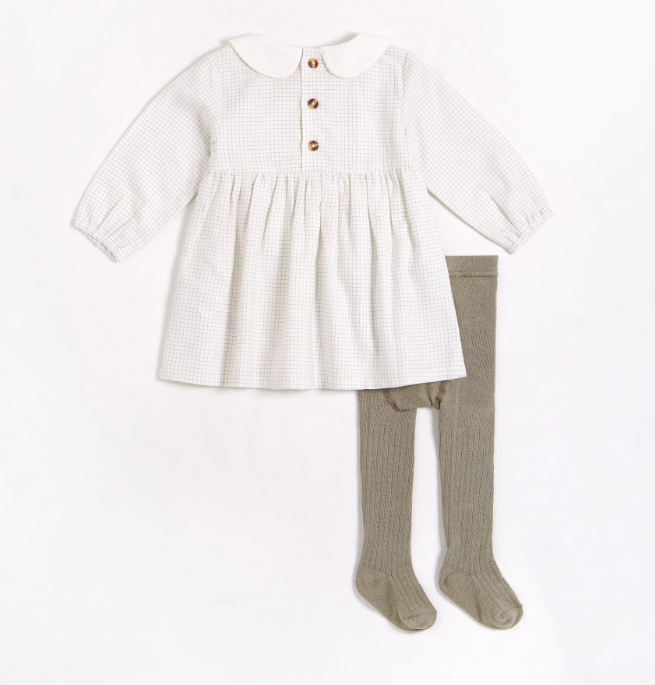 Grid Print Flannel Dress & Tights Set | Cream Collar