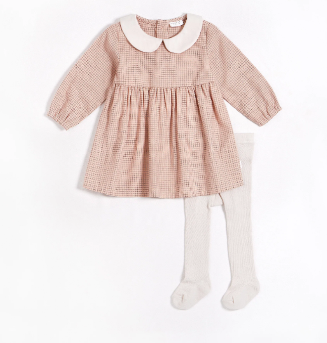 Lt Pink Grid Print Flannel Dress &amp; Tights Set | Cream Collar