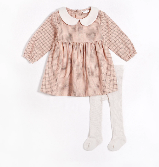 Lt Pink Grid Print Flannel Dress & Tights Set | Cream Collar