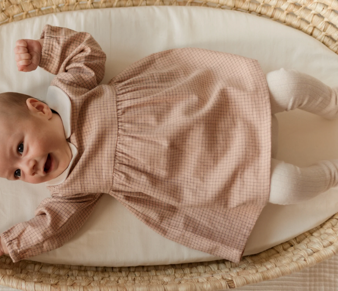 Lt Pink Grid Print Flannel Dress &amp; Tights Set | Cream Collar