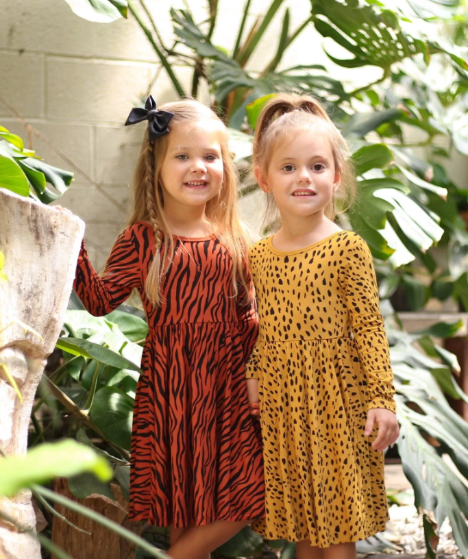Kyte Printed Long Sleeve Twirl Dress | Rust Tiger