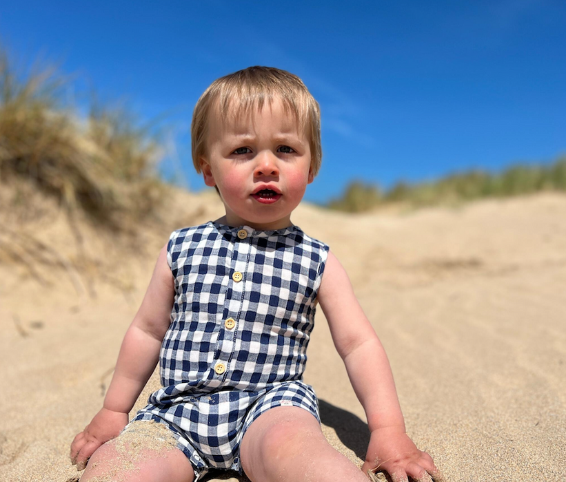 Cabin Woven Henley Playsuit | Blue Plaid