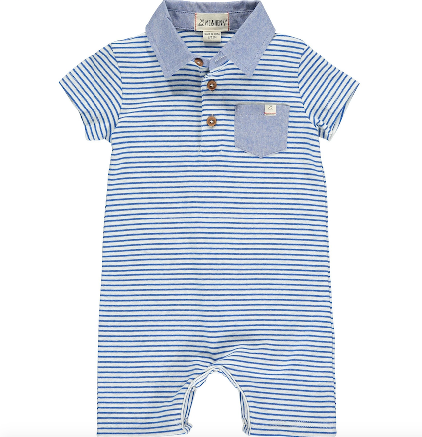 Saltash Polo Romper | Blue/Grey Stripe