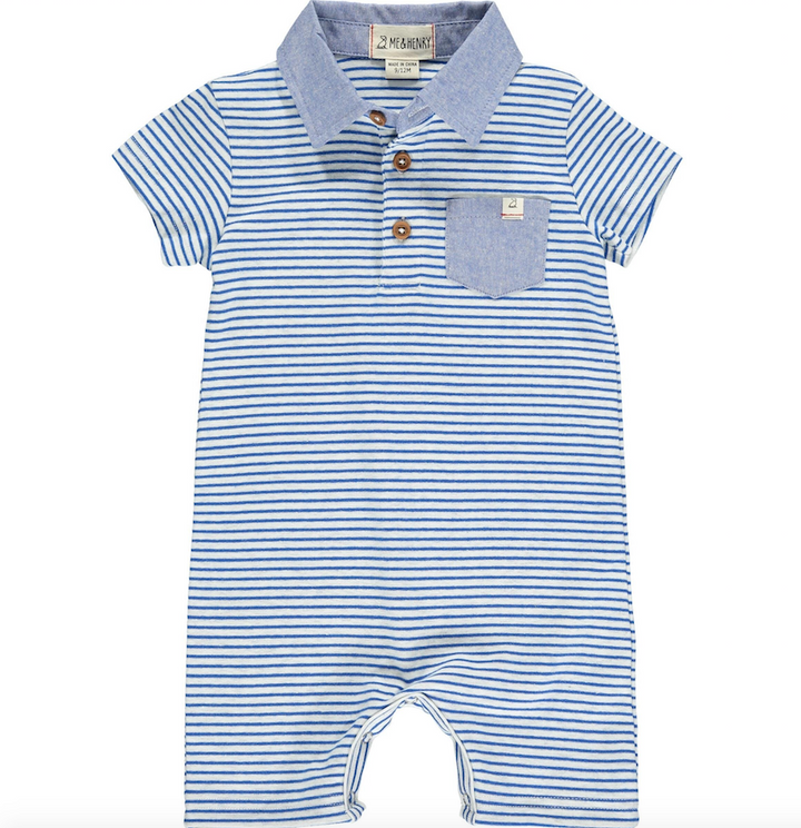 Saltash Polo Romper | Blue/Grey Stripe