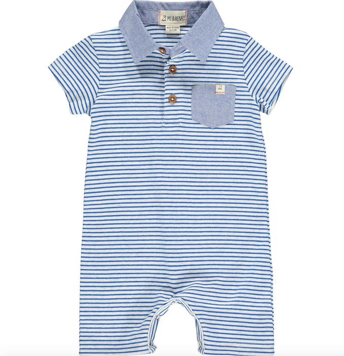 Saltash Polo Romper | Blue/Grey Stripe