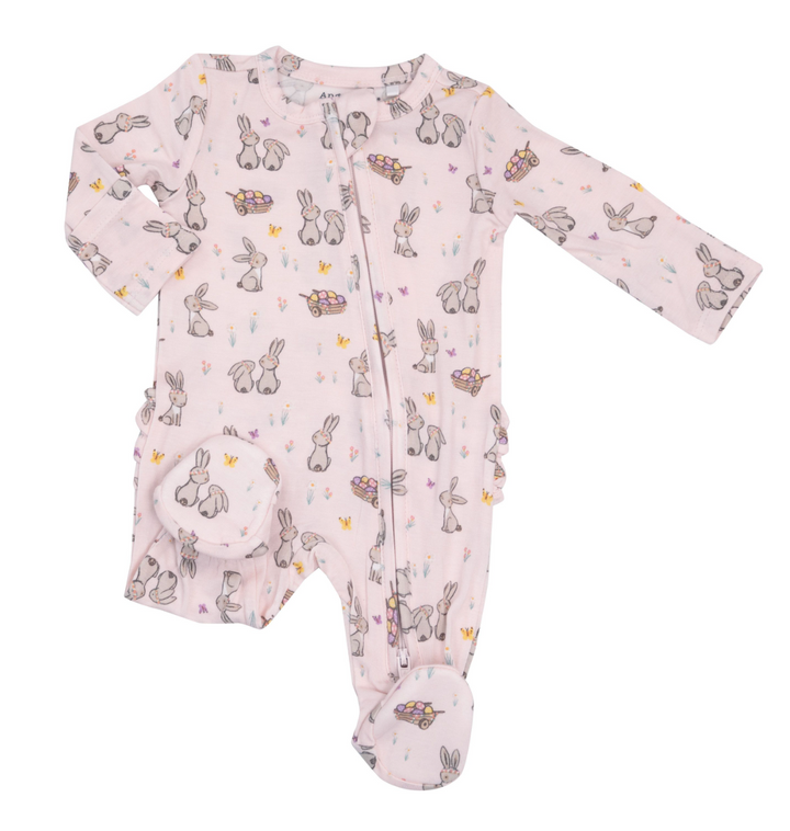 Two Way Ruffle Back Zipper Footie | Pink Bunnies