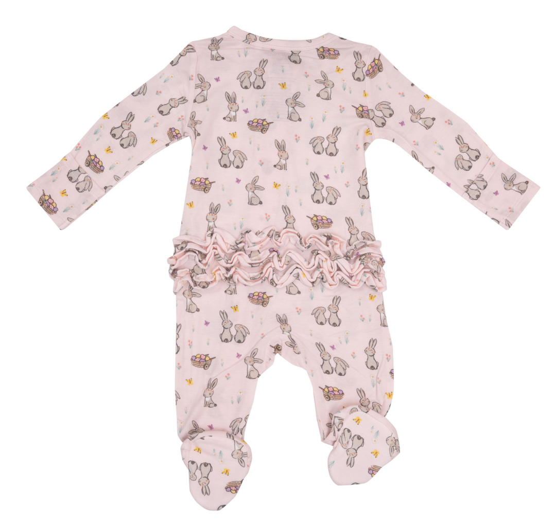 Two Way Ruffle Back Zipper Footie | Pink Bunnies